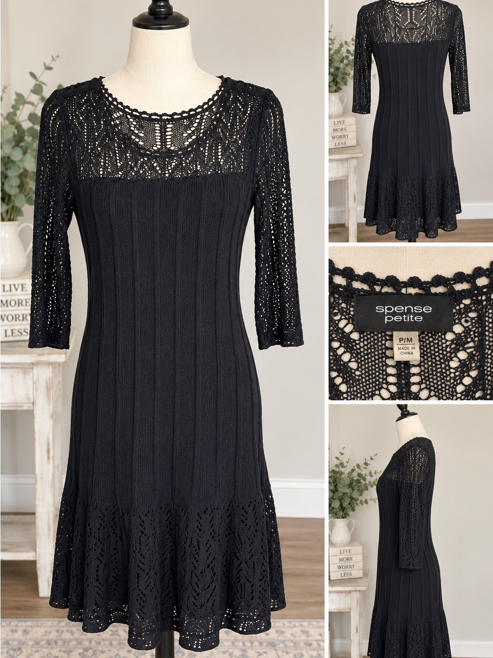 Spense Black Crochet Midi Dress
